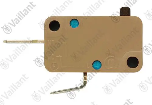 Vailant Schalter mit zwei Kontakten und blinkend blauen Markierungen, montiert auf einer beige-farbenen Basis.